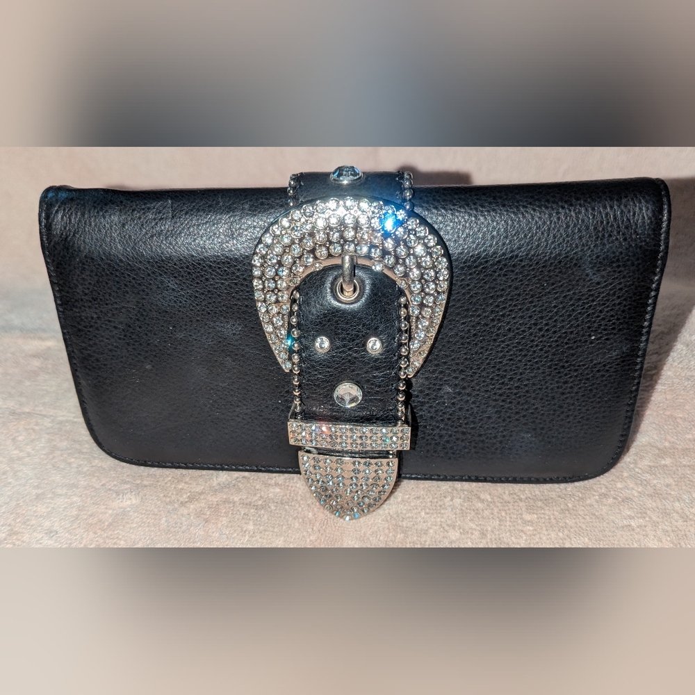 Elegant Black Clutch Wristlet with Rhinestone Buckle
